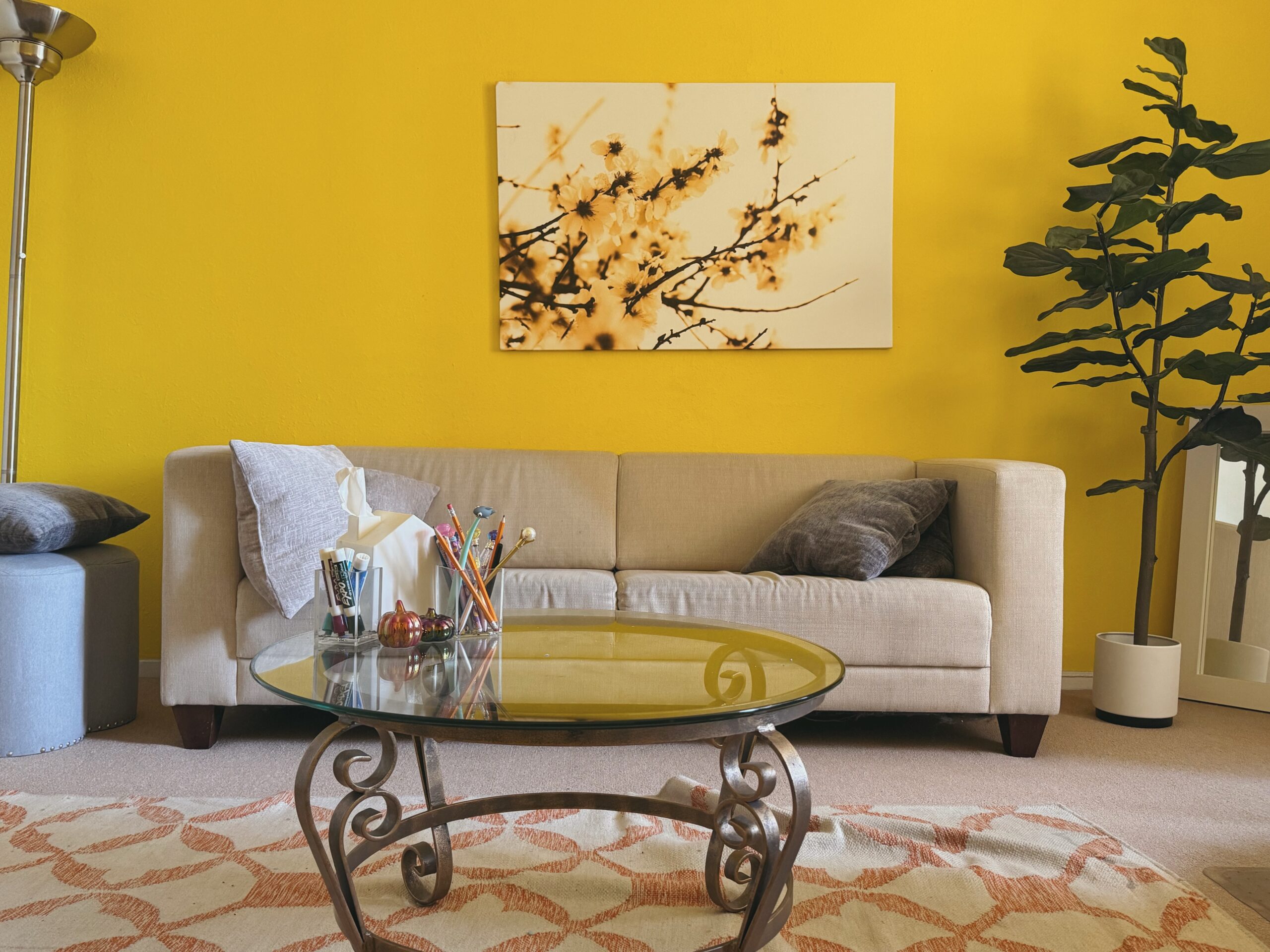 a living room with a couch and a coffee table